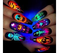 Spooktacular Halloween Press-On Collection avec 24 pièces de squelette et chauve-souris citrouille en forme de cercueil