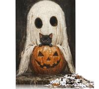 Spooky Cute Ghost and Black Cat with Pumpkin Puzzles 1000 Pièces Cadeau Unique Jeu Éducatif Défi Jouet À De Qualité Supérieure Peinture Art pour Adultes Et Enfants À Partir De 14 Ans 1000pcs (75x50cm