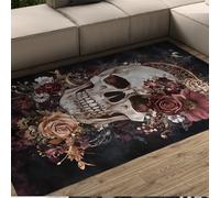 Spooky Horror Skull Rug 120x160cm Romantique Rose Floral Halloween Tapis de Cuisine Doux à Profil Bas pour Le Sol Entrée Décor