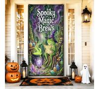 Spooky Magic Brews Housse de porte Halloween avec citation d'amphibien de | Chapeau de sorcière, toile de fond de porte d'entrée, chaudron bouillonnant, bouteilles de potion, forêt magique