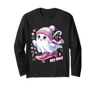 Spooky Season-Hey Boo! Christmas Lights Skateboard Ghost Kid Manche Longue