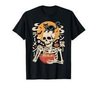 Spooky Skeleton Eating Ramen Bowl with Cat Halloween Art T-Shirt