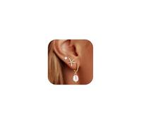 SPORCLO Lot de 3 paires de boucles d'oreilles créoles hypoallergéniques en acier chirurgical plaqué or 14 carats avec oxyde de zirconium, Cuivre, Perle de nacre