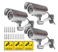Sporgo Caméra Factice 3 Pièces: Caméra de Surveillance Factice Extérieur avec Lumière LED Rouge Clignotant, Atrappe Caméra de Surveillance Fausse Caméra de Sécurité pour Intérieur et Extérieur (Argent