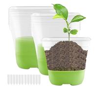 Sporgo Lot de 12 pots de culture : transparents, avec base en silicone et étiquette, carrés, en plastique, réutilisables, avec trou de drainage pour plantes, graines, semis