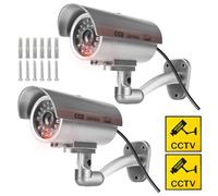 Sporgo Lot de 2 caméras factice - Caméra de surveillance extérieure avec lumière LED rouge clignotante - Fausse caméra de sécurité pour l'intérieur et l'extérieur - Argenté