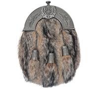Sporran écossais complet avec fourrure marron et chardon argenté antique - Accessoire formel traditionnel des Highlands pour homme - Ceinture de sport en cuir, Noir , 23cm X 18cm