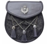 Sporran pour kilt semi-habillage - Sporran en cuir noir avec 3 pompons, accessoires idéaux pour la tenue des Highlands et la tenue traditionnelle écossaise pour homme, Noir , 22cm X 18CM, Traditionnel