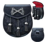 Sporran pour kilt semi-habillage - Sporran en cuir noir avec 3 pompons, accessoires idéaux pour la tenue des Highlands et la tenue traditionnelle écossaise pour homme, Noir , 22cm X 18CM, Traditionnel