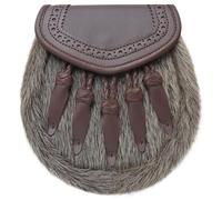 Sporran traditionnel écossais semi-habillé - Design brogue à rabat en cuir marron avec 5 pompons, élégant fabriqué à la main avec ceinture en chaîne, marron, Standard, 5 pompons