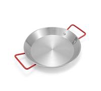 SPORTARC Poêle à paella en acier poli de style espagnol pour fruits de mer 25 cm - Poêle à frire en acier inoxydable - Pour le camping en plein air - Poignée rouge