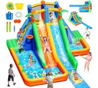 SportBob Château Gonflable Extérieur avec Toboggan Aquatique Extensible Long, Structure Gonflable Jeux Enfant avec 2 Piscines, Panier de Basketball, Canon à Eau pour Intérieur, Extérieur, Fêtes
