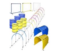 SPORTIKEL24 Hoopers Kit de tournoi Agility Kit complet avec 12 cerceaux, 3 portes, 6 tonnes et 2 tunnels, conforme à la norme VDH pour le sport et l'entraînement canin Base blanche avec arcs colorés