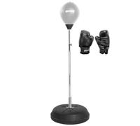 SPORTINATOR Punchingball Lot de 3 supports de boxe sur pied avec poire de frappe et gants de boxe Hauteur réglable de 125 cm à 150 cm Entraîne les réflexes et la vitesse (gris)