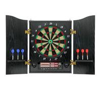 SPORTNOW Cible de fléchettes électronique E avec armoire, aspect bois, affichage LED, annonces vocales, machine à fléchettes avec 6 fléchettes souples, 24 pointes de rechange, 25 jeux, 202 variantes