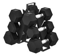 SPORTNOW Ensemble d'Haltères Hexagonaux avec Support, Haltères Revêtus de Caoutchouc, Poignées Antidérapantes en Chrome, Noir