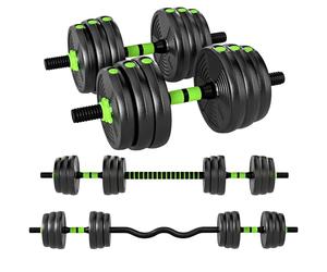 SPORTNOW Kit Haltères Musculation, Haltères Réglables 20 kg, 3 en 1, Ensemble de Poids Réglable avec Barre d'Extension, Poignée Antidérapante, Revêtement Plastique, Fitness, Musculation, Vert et Noir