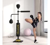 SPORTNOW Sac de boxe autoportant, deux ballons de vitesse, barre de boxe pivotante, coussin de coup de pied, réglable en hauteur, acier, 84 x 36 x 140-205 cm, Noir