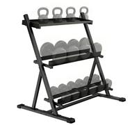SPORTNOW Support pour haltères à 3 niveaux, support de poids réglable en acier robuste pour haltères, kettlebells, capacité de 200 kg, rack de rangement compact pour salle de sport à domicile, noir