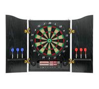 SPORTNOW Tableau fléchettes élec. avec Armoire, écran LED, annonces voc. | Tableau fléchettes élec., aspect bois, score auto, 6 fléch. souples, 24 pointes sup., 25 jeux, 202 var., 1-8 joueurs