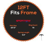 SPORTNOW Tapis de Rechange pour Trampoline Tapis de Saut de Remplacement, Compatible Trampoline Ø 3,7 m et Ressorts de 14 cm, avec Outil de Traction à Ressort et 72 Crochets en V (Ressort Non Inclus)
