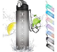 Sports Water Bottle 1l With Straw,Motivational Water Bottle With Time Marker,Leakproof Water Bottle With Bpa-Free Lid For Sports,Gym,Office,Running (Black)