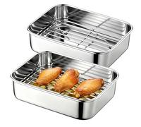 SPORWAY Lot de 2 plats à four en acier inoxydable : accessoires de friteuse à air chaud en acier inoxydable avec égouttoir, accessoires Airfryer Grille empilable Plaque à pizza - 20 × 15,3 × 5 cm