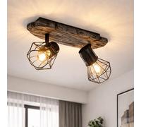 Plafonnier, salon, aspect bois, spot plafond, 2 flammes, spots tressés rétro, orientable, plastique métal, 2x douille E27, LxlxH 38,5x12x23 cm