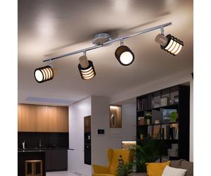 Spot de plafond plafonnier orientable chrome plafonnier rétro verre, 4 accents bois flamme, 4x E14, L 70 cm