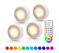 Spot LED Sans Fil, Dimmable 4 Couleurs Lampe Placard a Pile avec Telecommande, Eclairage Batterie Armoire Lumiere Cuisine Sous Meuble, Veilleuse Réglable LED pour Vitrine Chambre Escalier (4pcs)