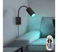 Applique murale LED, dimmable avec télécommande, lampe de chambre avec prise, liseuse, changement de couleur RVB, flexible, interrupteur, métal noir, 3,5W 290lm blanc chaud, LxPxH 32x7x44 cm
