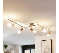 Spot pour plafond Lindby Christoph, 130 cm, à 5 lampes, bois, verre Christoph Lindby, dimmable, argenté, Chambre à coucher, Bois, Maison de campagne / Rustique, Spot