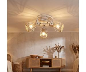 Spotrondell Plafonnier 3 spots orientable pour salon blanc, aspect bois métal, 3 douilles E27, D 25 cm