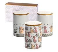 SPOTTED DOG GIFT COMPANY Boîte de Rangement Cuisine Lot de 3, Céramique Bocaux de Conservation avec Hermetique Bois Couvercles pour Café Thé Sucre, Cadeau pour les Amoureux des Chats 1200ml