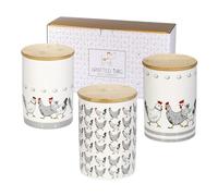 SPOTTED DOG GIFT COMPANY Boîtes Alimentaires Hermétiques en Céramique, Lot de 3 Bocaux Rangement Cuisine, Pot Alimentaire avec Couvercle pour Thé, Café et Sucre 1200 ml - Poules