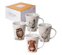 SPOTTED DOG GIFT COMPANY Tasse a Café Lot de 4 en Céramique au Motifs de Animal Écureuil, Chouette, Poule et Oie, Ensemble de Mug Original Cadeau pour Amoureux des Animaux 360ml