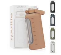 spottle Bouteille en Verre 2 Litres - Grande Gourde avec Paille et Housse en Silicone - Étanche, Passe au Lave-Vaisselle, Sans BPA (Marron, 2000 ml)