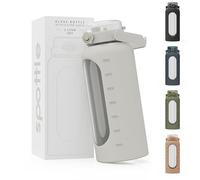 spottle Bouteille en Verre 2 Litres - Grande Gourde avec Paille et Housse en Silicone - Étanche, Passe au Lave-Vaisselle, Sans BPA (Gris, 2000 ml)