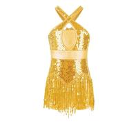 SPPEOUKJ Sequins Fringe Latin Dance Leotard Dress Tassels Jazz Tango Salsa Samba Rumba Performance Costume Dancewear(Gold A,10)