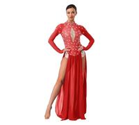 SPPEOUKJ Women's Shiny Rhinestone Lyrical Dance Dress Long Sleeve Backless Chiffon Slit Hem Maxi One Piece Leotard Modern Dancewear(Red,L)