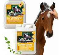 Spray pour crinière pour chevaux + shampooing pour chevaux avec huile d'arbre à thé 2 x 2,5 l - Spray brillant et peignage - Pour chevaux - Spray de toilettage - Kit d'accessoires pour chevaux
