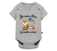 Spreadshirt Annonce Je Vais Être Grande Sœur Renard Body Manches Courtes Bébé Bio, 68 (3-6 mois), gris chiné
