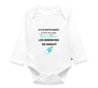 Spreadshirt Biberons de Minuit Humour Naissance Drôle Cadeau Original Body Manches Longues Bébé Bio, 74 (6-9 mois), blanc