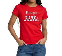 Spreadshirt Cacahuètes Snoopy Charlie Brown Sally Lucy Abbey Road T Shirt Femme, M, Rouge
