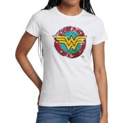 Spreadshirt DC Comics Wonder Woman Logo Bouclier Bande Dessinée T Shirt Femme, M, Blanc