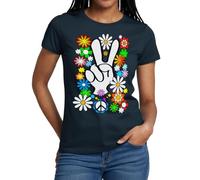 Spreadshirt Flower Power Hippie Peace and Love Tenue Année 60 Année 70 T Shirt Femme, S, Marine