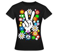 Spreadshirt Flower Power Hippie Peace and Love Tenue Année 60 Année 70 T Shirt Femme, XL, Noir