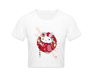 Spreadshirt Hello Kitty dans Un Kimono avec des Fleurs Crop Top, M, Blanc