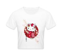 Spreadshirt Hello Kitty dans Un Kimono avec des Fleurs Crop Top, S, Blanc