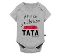 Spreadshirt Je Peux Pas J'ai Bêtise Avec Ma Tata Body Manches Courtes Bébé Bio, 74 (6-9 mois), gris chiné